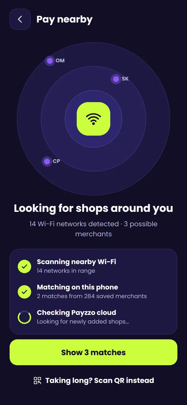Payzzo scanning nearby Wi-Fi to find the shop you are in